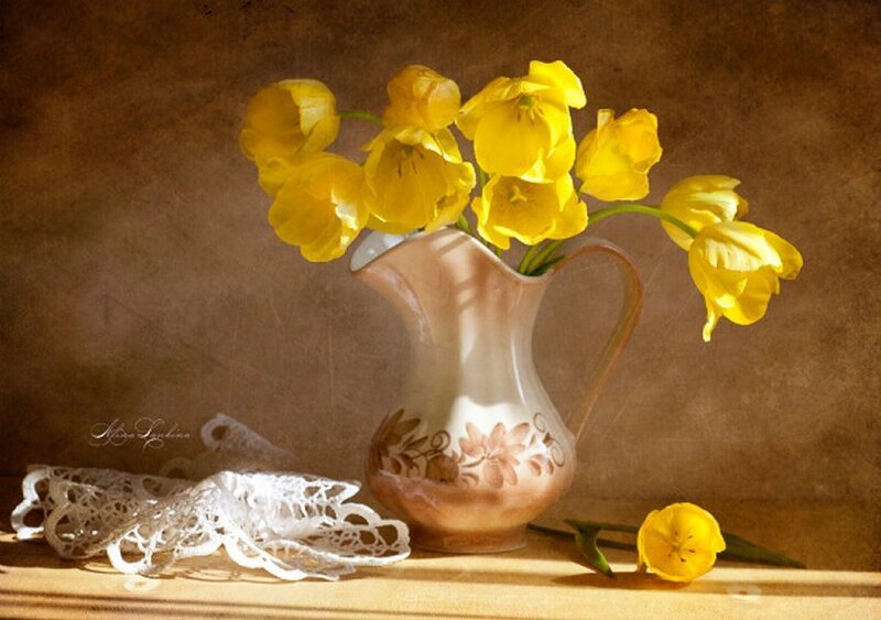 Yellow Tulips in Pitcher — Serene, Afternoon