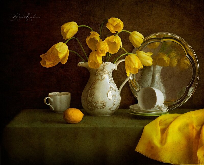 Yellow Tulips in Pitcher — Still Life