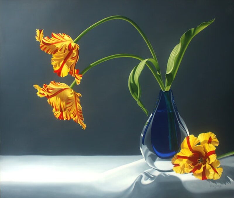 Yellow Tulips in Vase — Blue, Dramatic, Painting