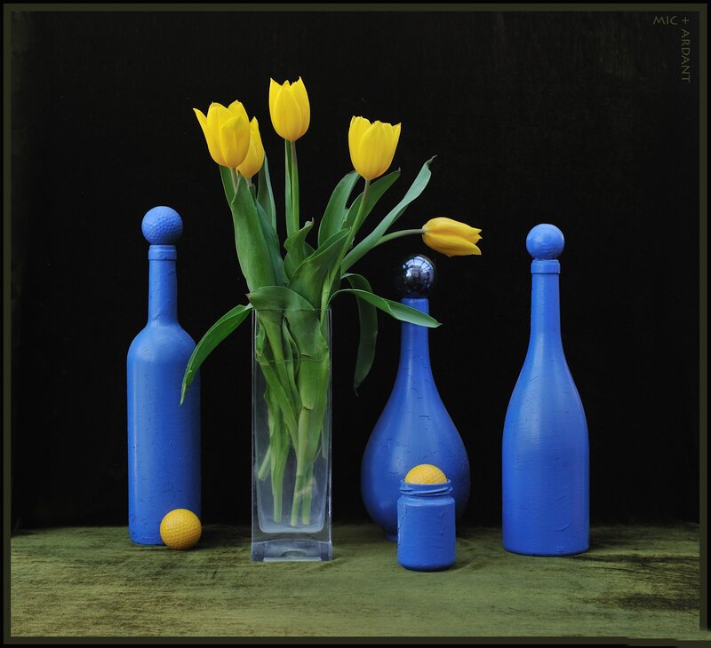 Yellow Tulips in Vase — Blue, Dramatic, Photograph