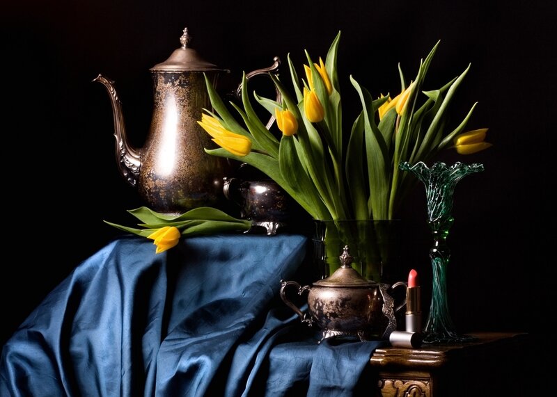 Yellow Tulips in Vase — Blue, Dramatic