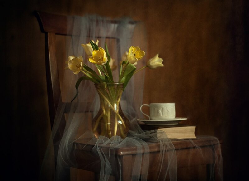 Yellow Tulips in Vase — Brown