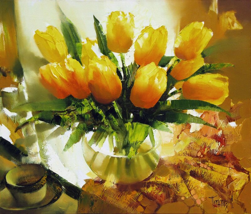 Yellow Tulips in Vase — Calm, Painting
