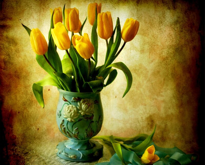 Yellow Tulips in Vase — Calm, Photograph, Leaves