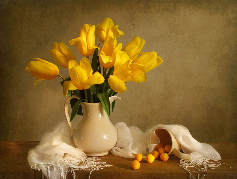 Yellow Tulips in Vase — Calm, Photograph, Lemons