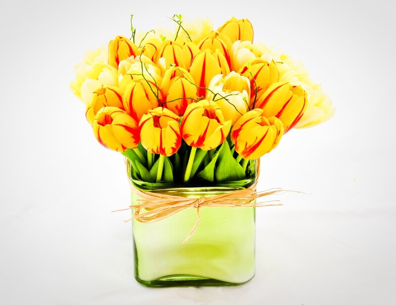 Yellow Tulips in Vase — Calm, Photograph, Straw