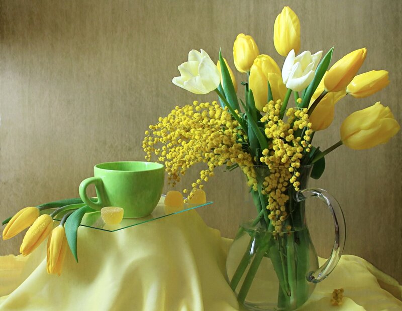 Yellow Tulips in Vase — Calm, Spring, Photograph, Cup
