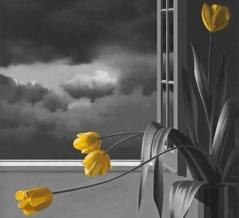 Yellow Tulips in Vase — Dramatic, Digital Art