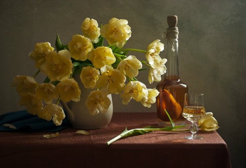 Yellow Tulips in Vase — Dramatic, Photograph, Bottle