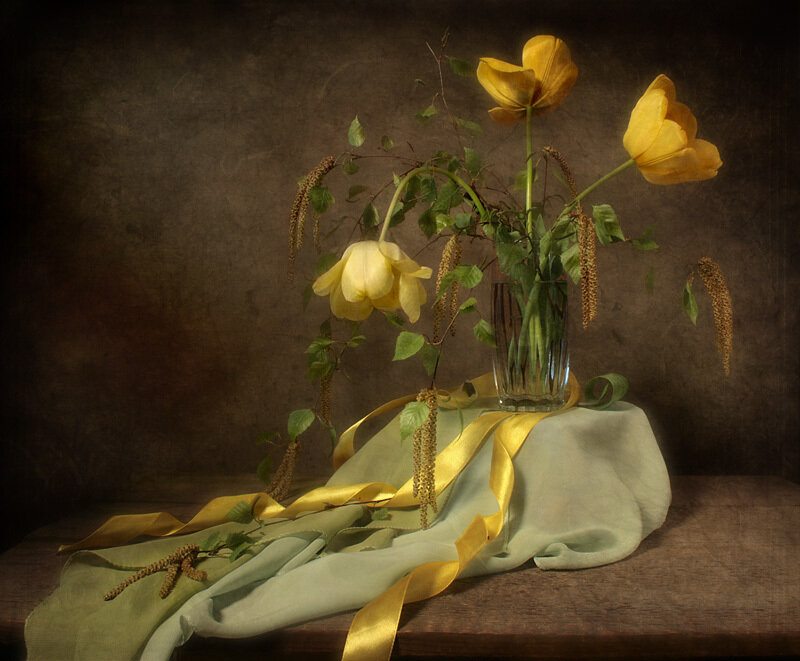 Yellow Tulips in Vase — Dramatic, Photograph, Cloth