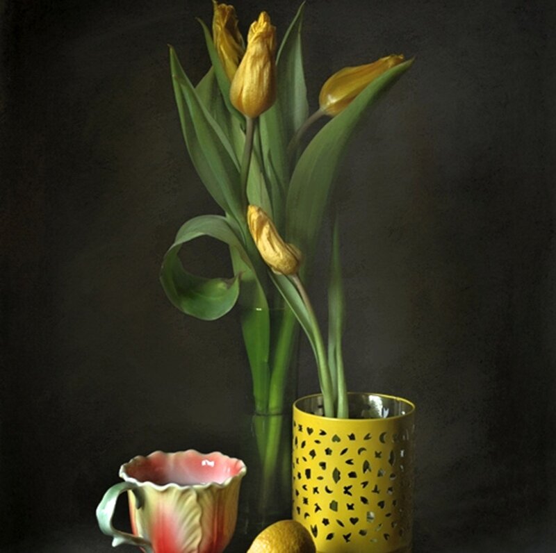 Yellow Tulips in Vase — Dramatic, Photograph, Cup