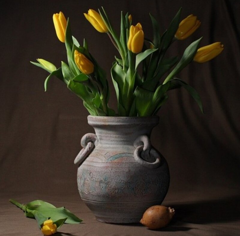 Yellow Tulips in Vase — Dramatic, Photograph, Flower