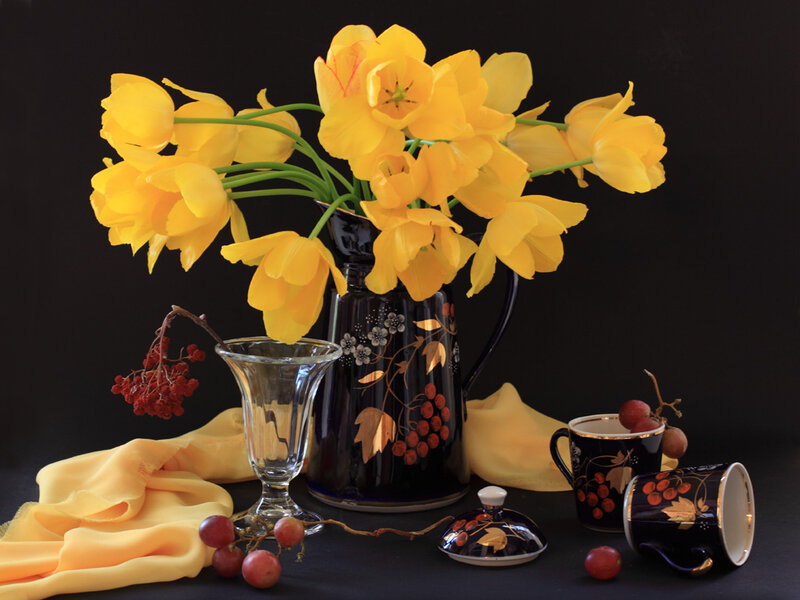 Yellow Tulips in Vase — Dramatic, Photograph, Grapes