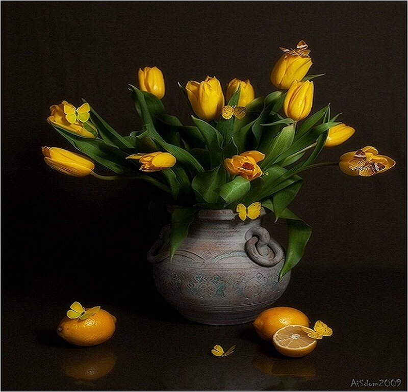 Yellow Tulips in Vase — Dramatic, Photograph, Lemons