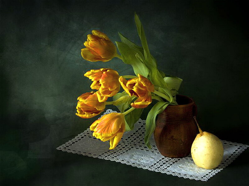 Yellow Tulips in Vase — Dramatic, Photograph, Pear
