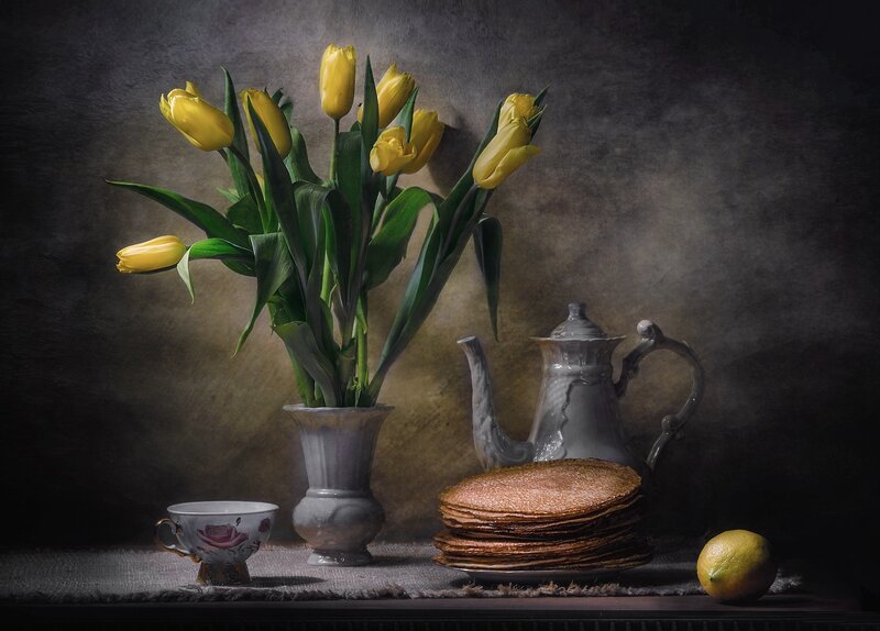 Yellow Tulips in Vase — Dramatic, Photograph, Teapot