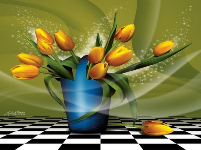 Yellow Tulips in Vase — Serene, Digital Art