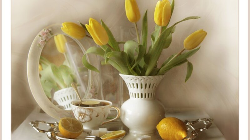 Yellow Tulips in Vase — Serene, Morning, Photograph, Lemons