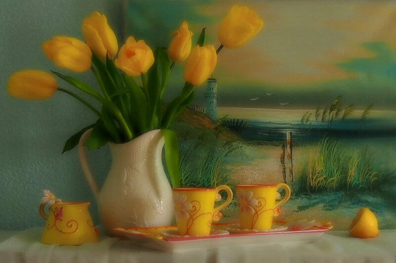 Yellow Tulips in Vase — Serene, Morning, Photograph, Teacups