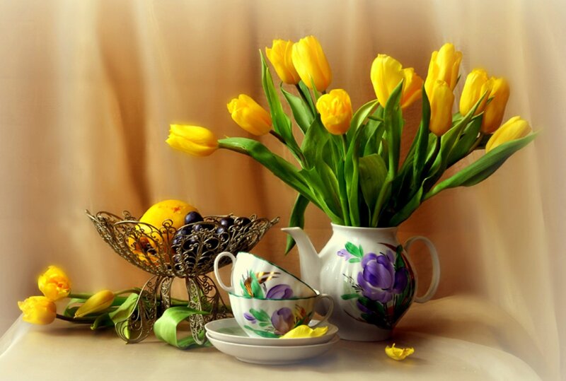 Yellow Tulips in Vase — Serene, Morning