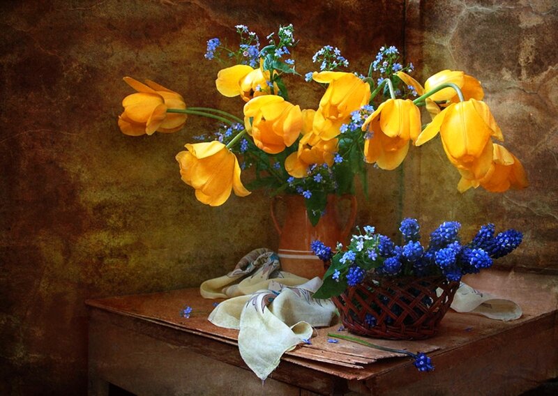 Yellow Tulips in Vase — Serene, Painting, Blue Flowers