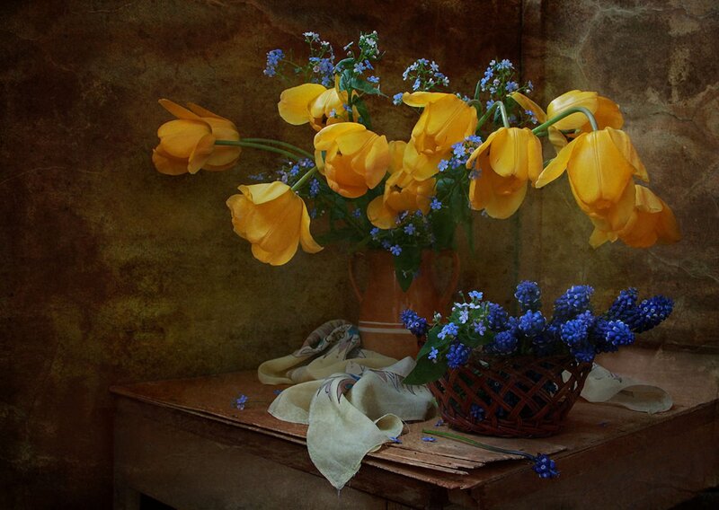 Yellow Tulips in Vase — Serene, Painting
