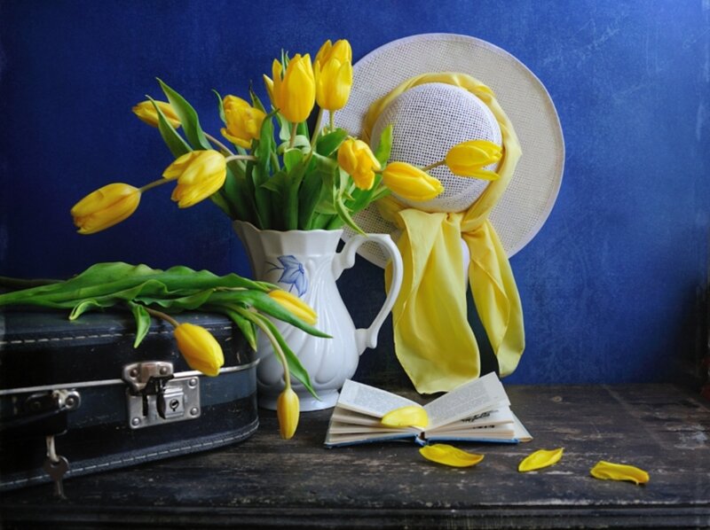 Yellow Tulips in Vase — Serene, Photograph, Hat