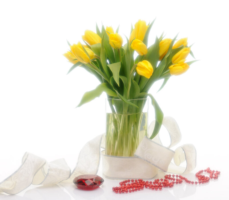 Yellow Tulips in Vase — Serene, Photograph, Ribbon