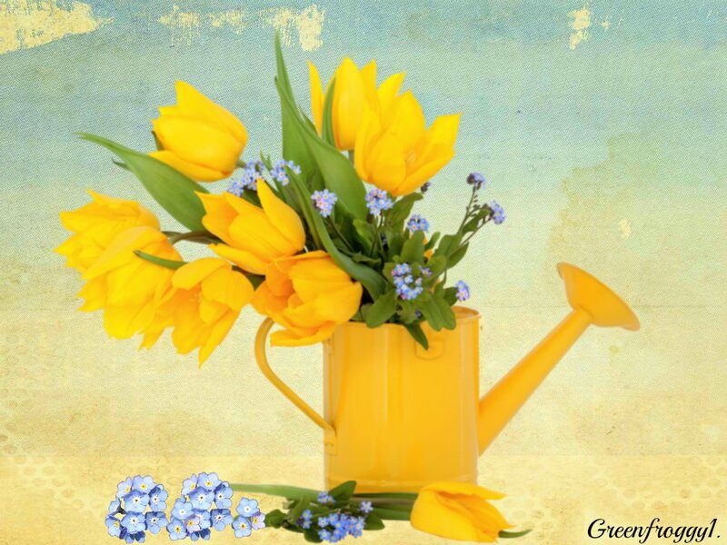 Yellow Tulips in Watering Can — Calm, Digital Art