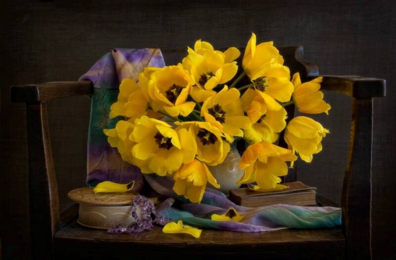 Yellow Tulips on Chair — Dramatic