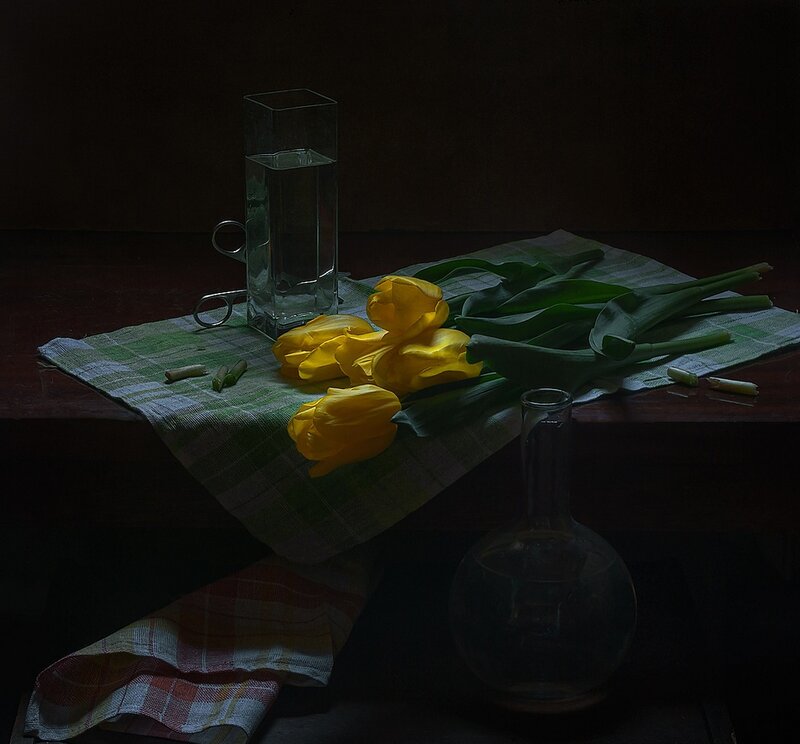 Yellow Tulips on Table — Dramatic