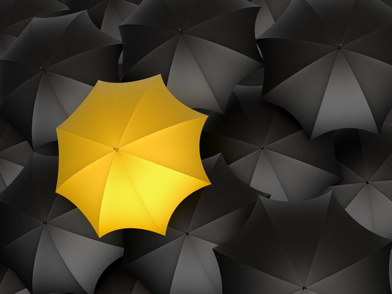 Yellow Umbrella Among Black — Dramatic, 3d Render
