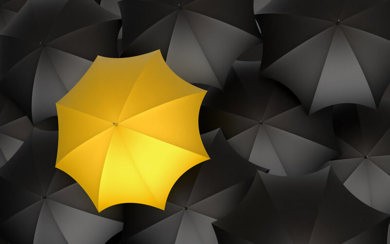 Yellow Umbrella Among Black Ones — Dramatic, Digital Art