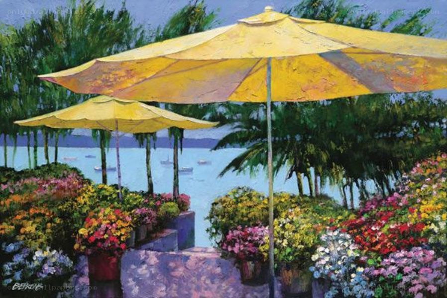 Yellow umbrellas by the water