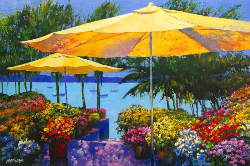 Yellow Umbrellas by Water