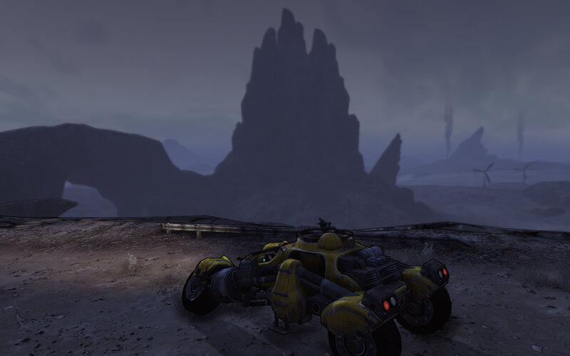 yellow vehicle in desert landscape