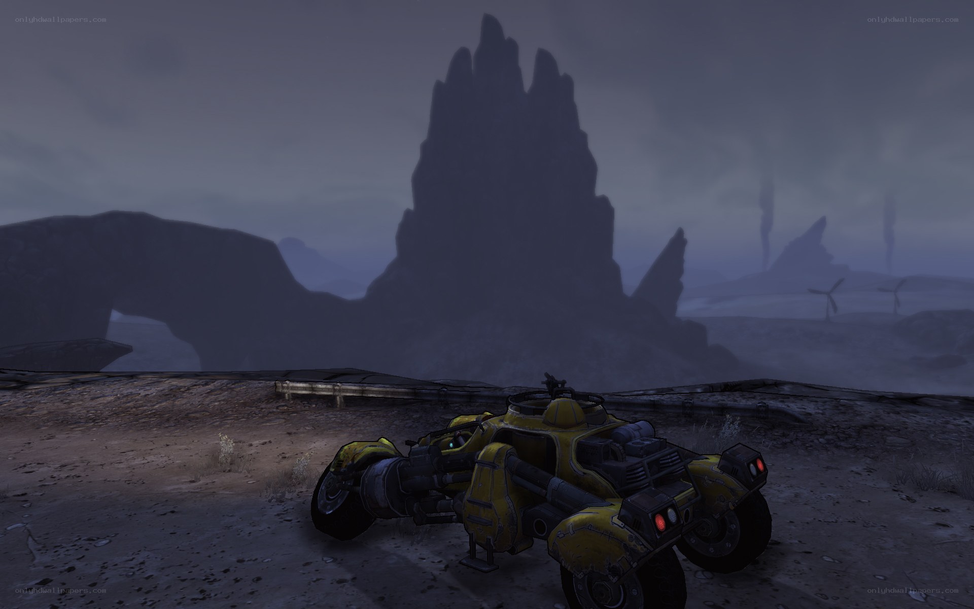 yellow vehicle in desert landscape