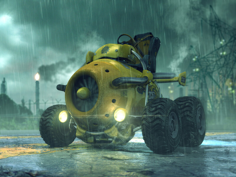 yellow vehicle in rainy industrial scene