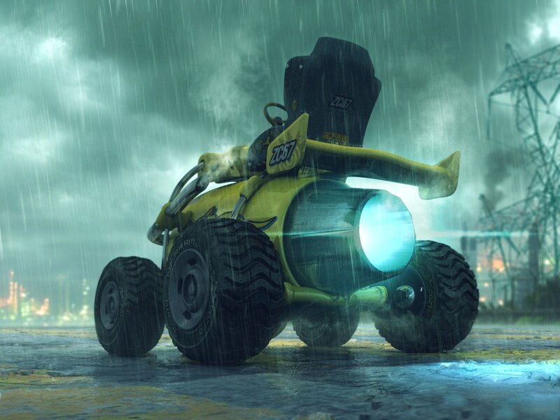 Yellow vehicle in rainy industrial scene