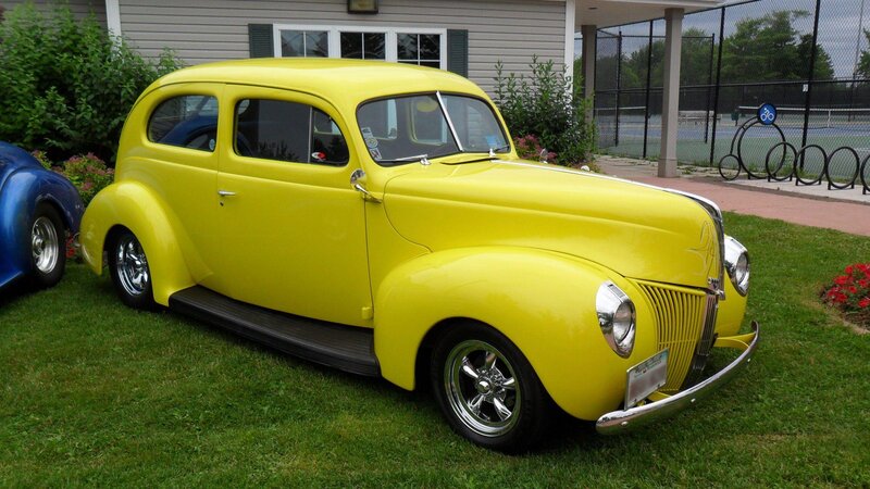 Yellow Vintage Car — Calm, Afternoon, Photograph, House, Grass