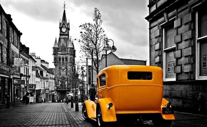 Yellow Vintage Car — Dramatic, Photograph, Clock Tower