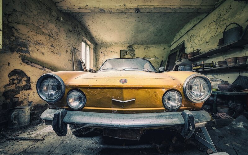 Yellow Vintage Car — Dramatic, Photograph, Garage, Shelves