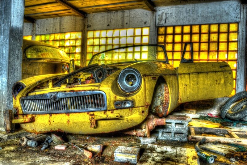 Yellow Vintage Car — Dramatic, Photograph, Garage