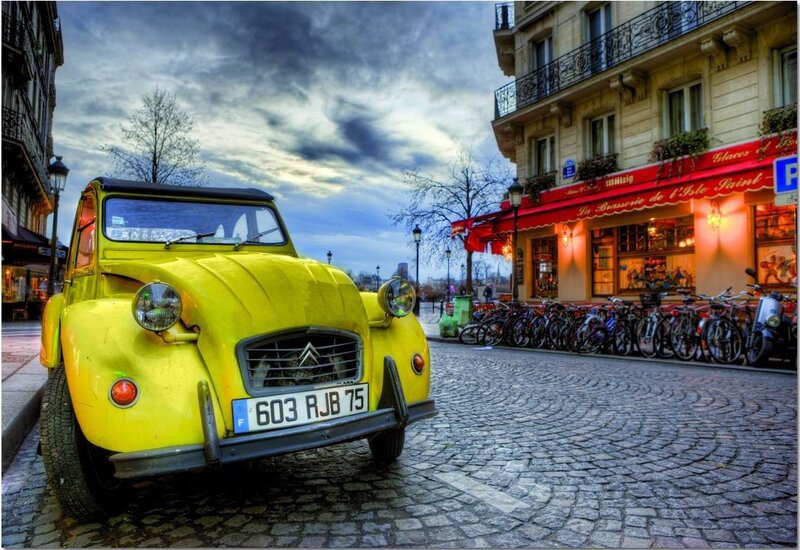 Yellow Vintage Car — Dramatic, Sunset, Photograph