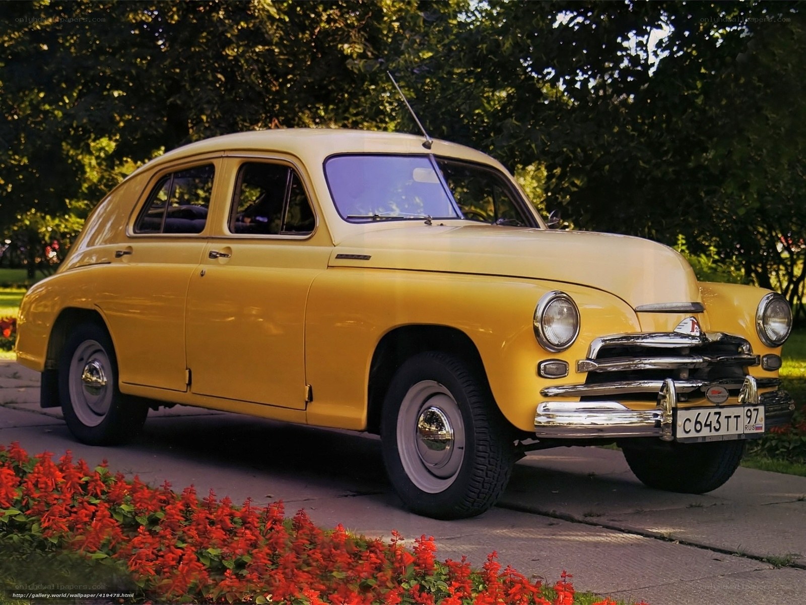 Yellow vintage car in garden