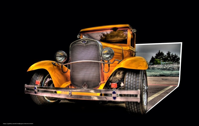 Yellow vintage car on black background