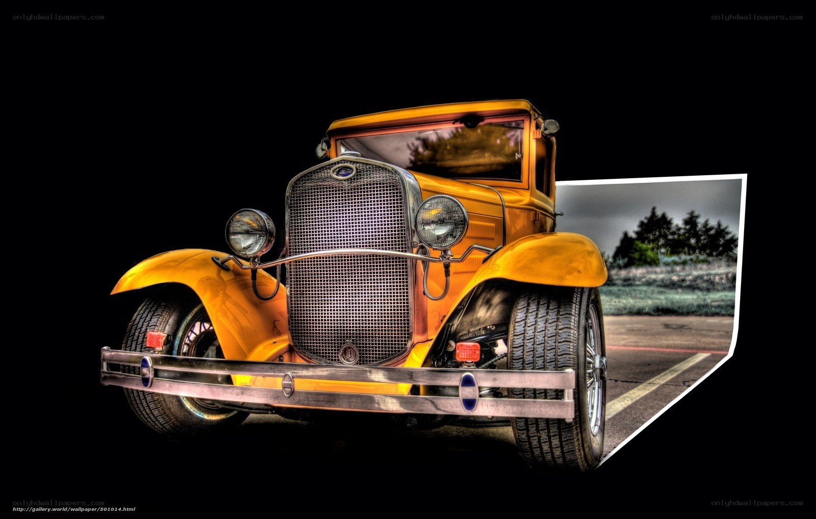 Yellow vintage car on black background
