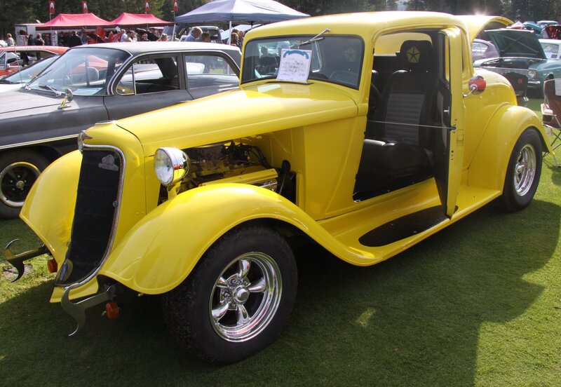 Yellow Vintage Car — Outdoor, Afternoon, Photograph, Car Show, Grass, Other Cars, Tents