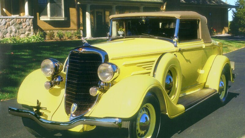 Yellow Vintage Convertible — Serene, Afternoon, Photograph, House