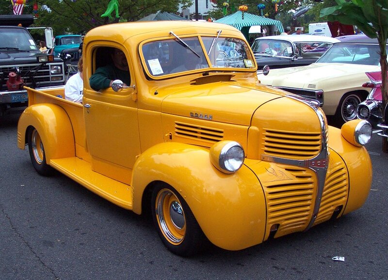 Yellow Vintage Pickup Truck — Outdoor, Afternoon, Photograph, People, Cars